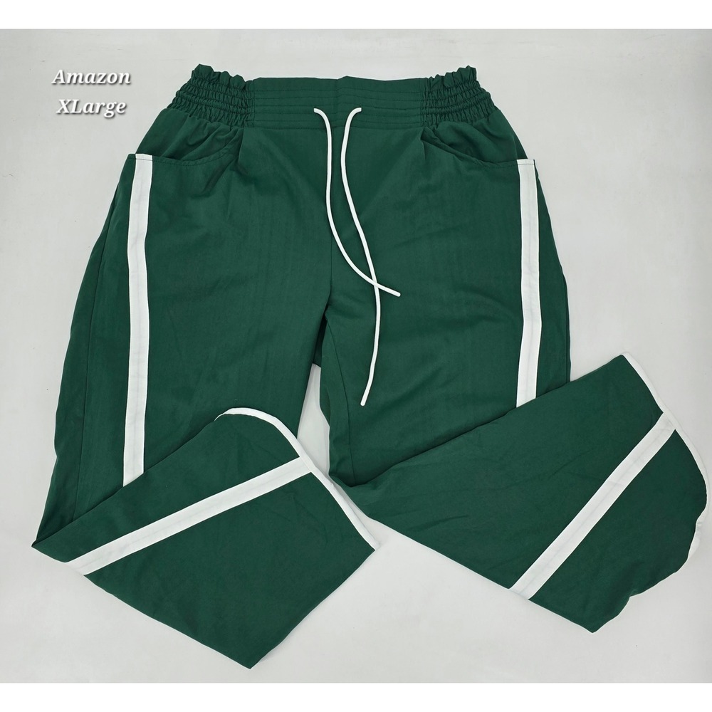 Women's XL Pine Forest Green White Side Stripe Barrel Track Pants Split Hem